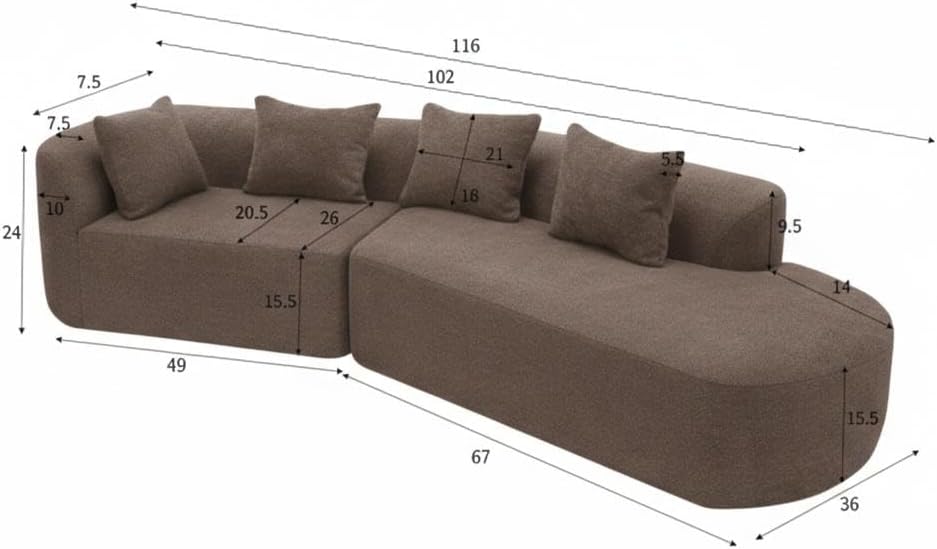 Brown Curved L-Shaped Modular 4-Seater Sectional Sofa