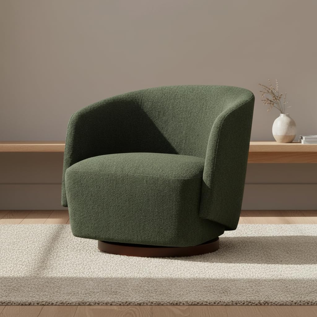 Green Boucle Rubberwood Base 360 Swivel Barrel Chair