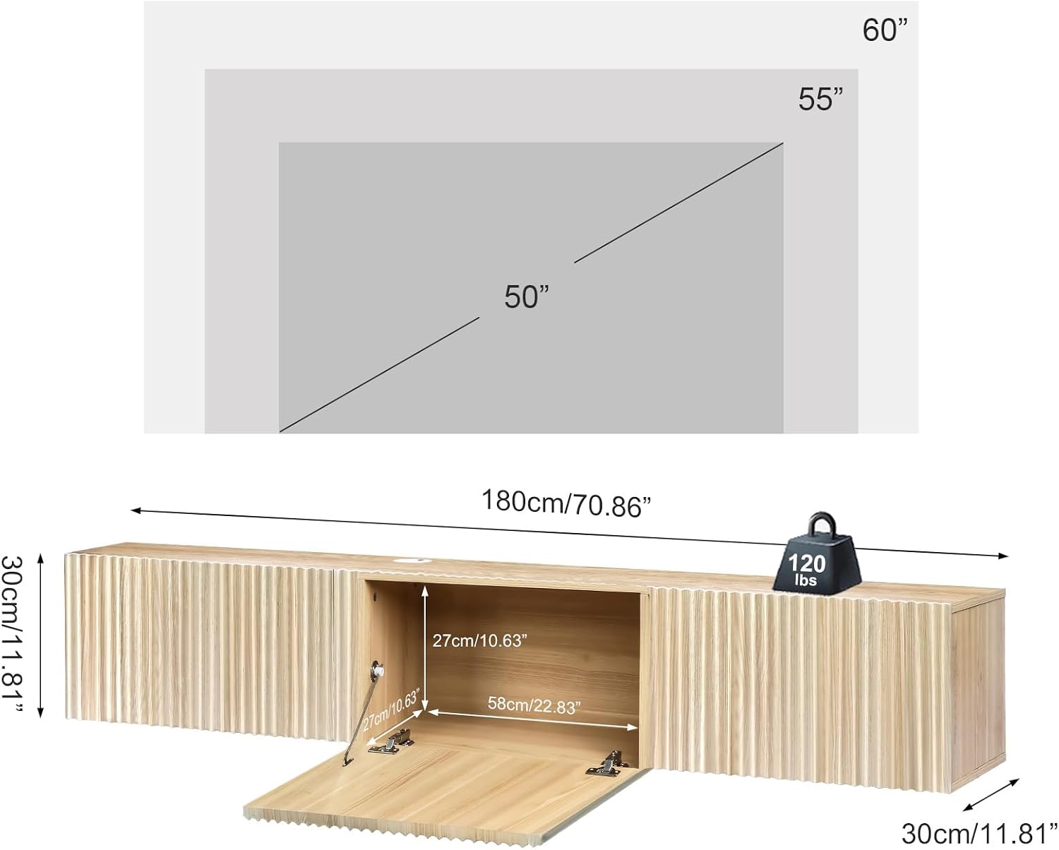 Oak Fluted Door Wall Mount Floating TV Stand