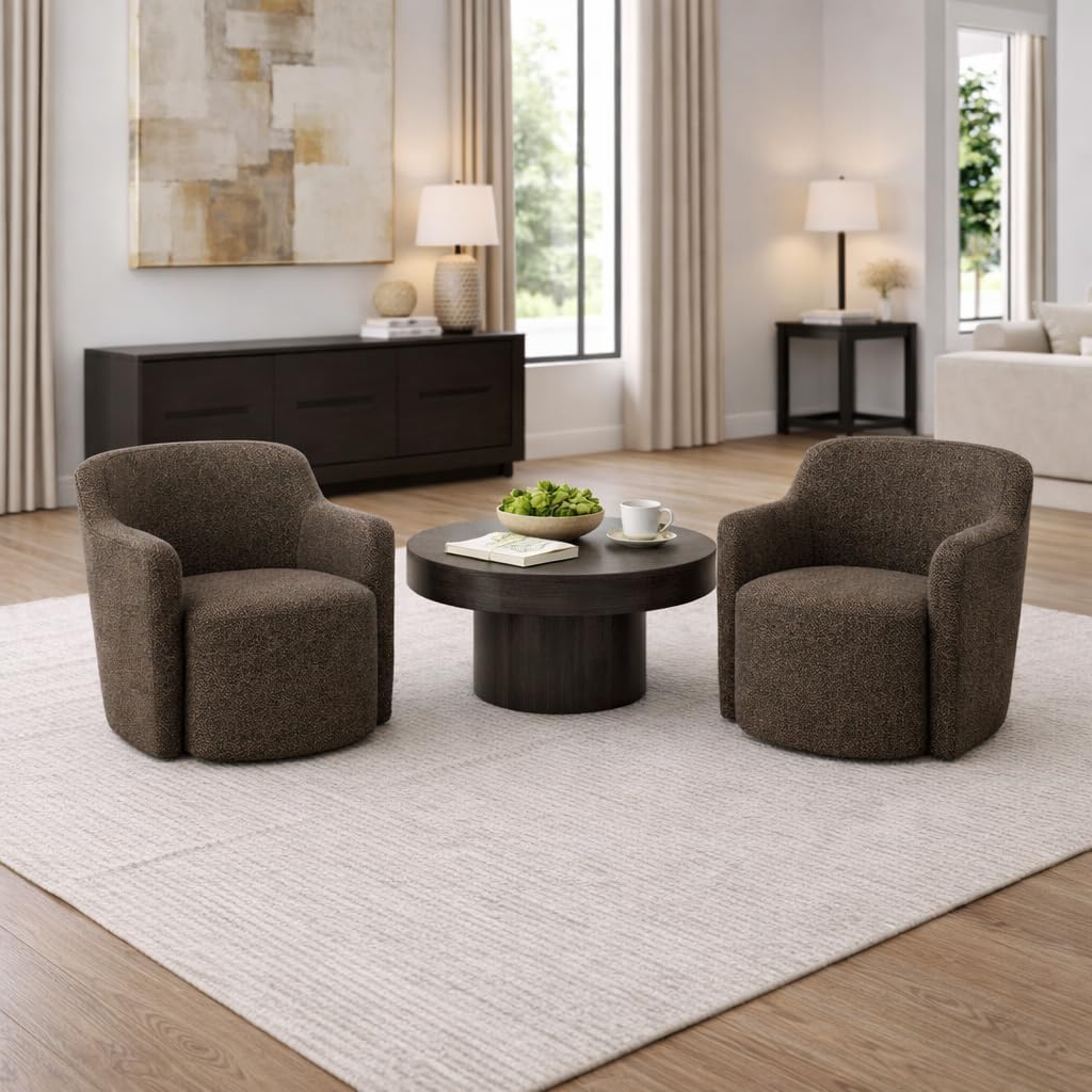 Brown Boucle 360 Degree Swivel Barrel Accent Chair