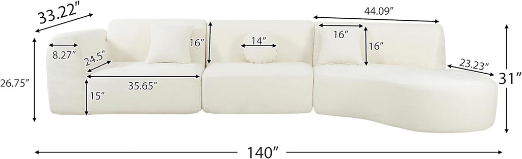 Beige Wool 6-Seater L-Shaped Curved Sectional Sofa