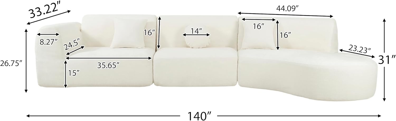 Beige Wool 6-Seater L-Shaped Curved Sectional Sofa