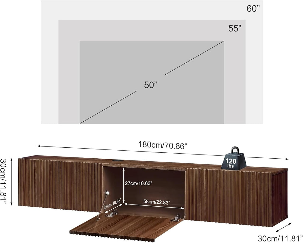 Walnut Fluted Door Wall Mount Floating Media TV Stand