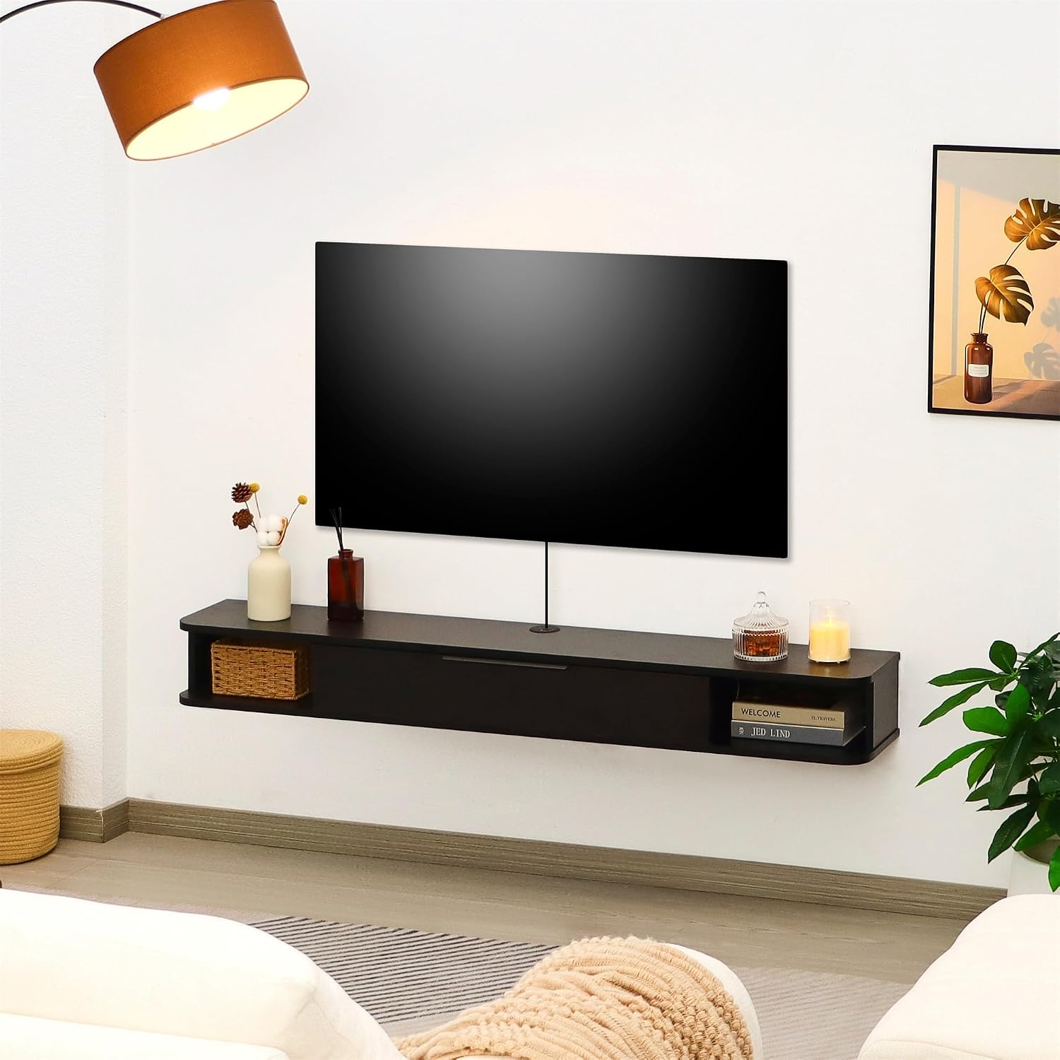 Black Wall Mount Floating Storage Media TV Stand