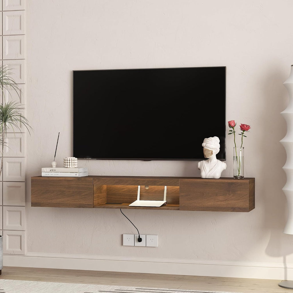 Walnut LED Power Outlet Floating Wall TV Stand