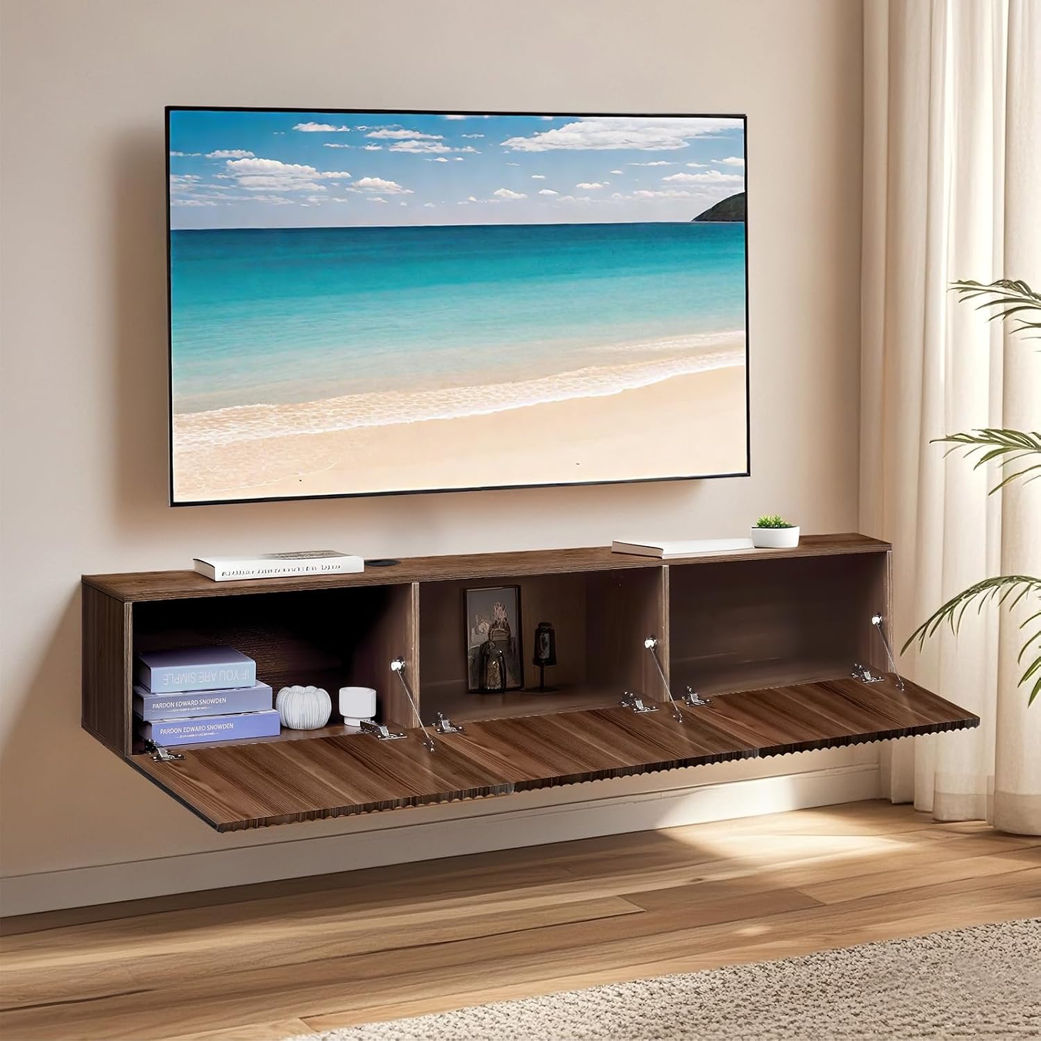 Walnut Fluted Door Wall Mount Floating Media TV Stand