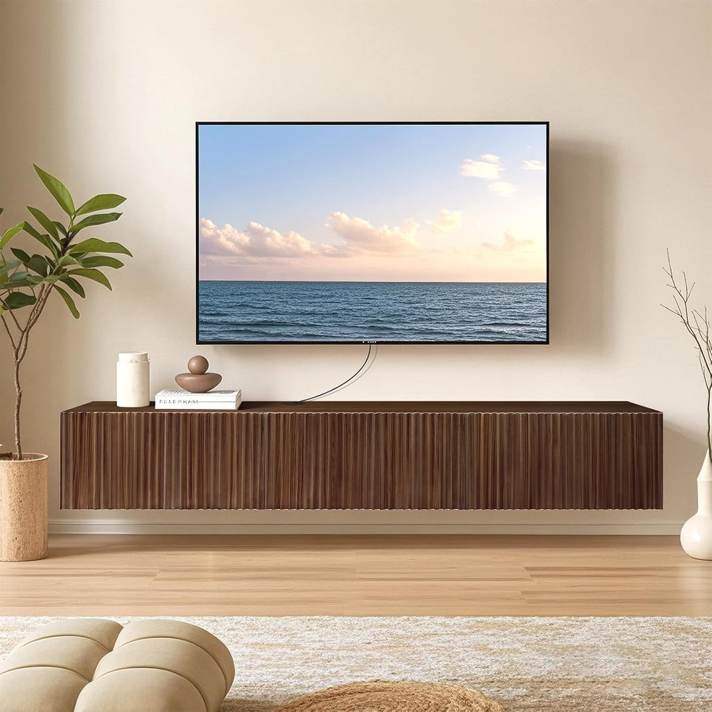 Walnut Fluted Door Wall Mount Floating Media TV Stand