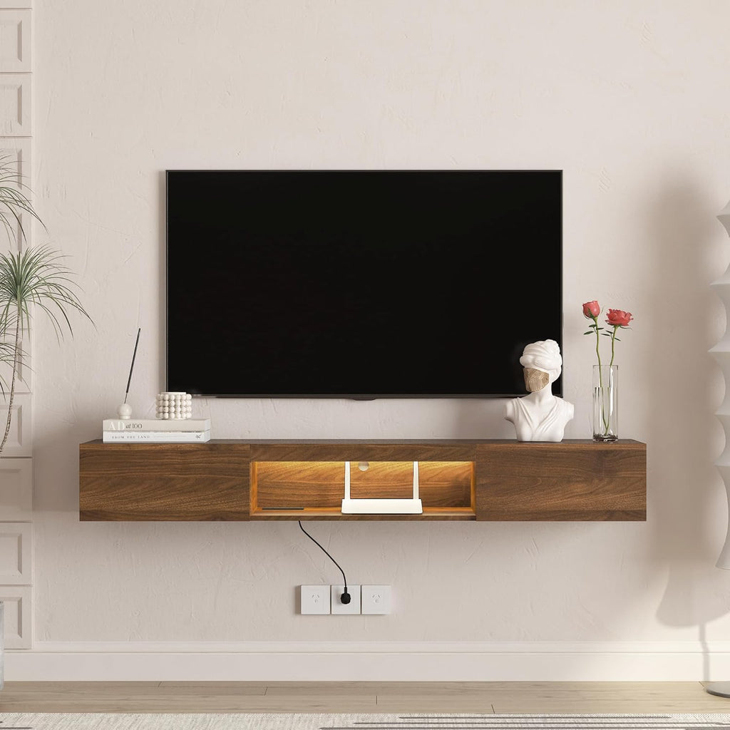 Walnut LED Power Outlet Floating Wall TV Stand