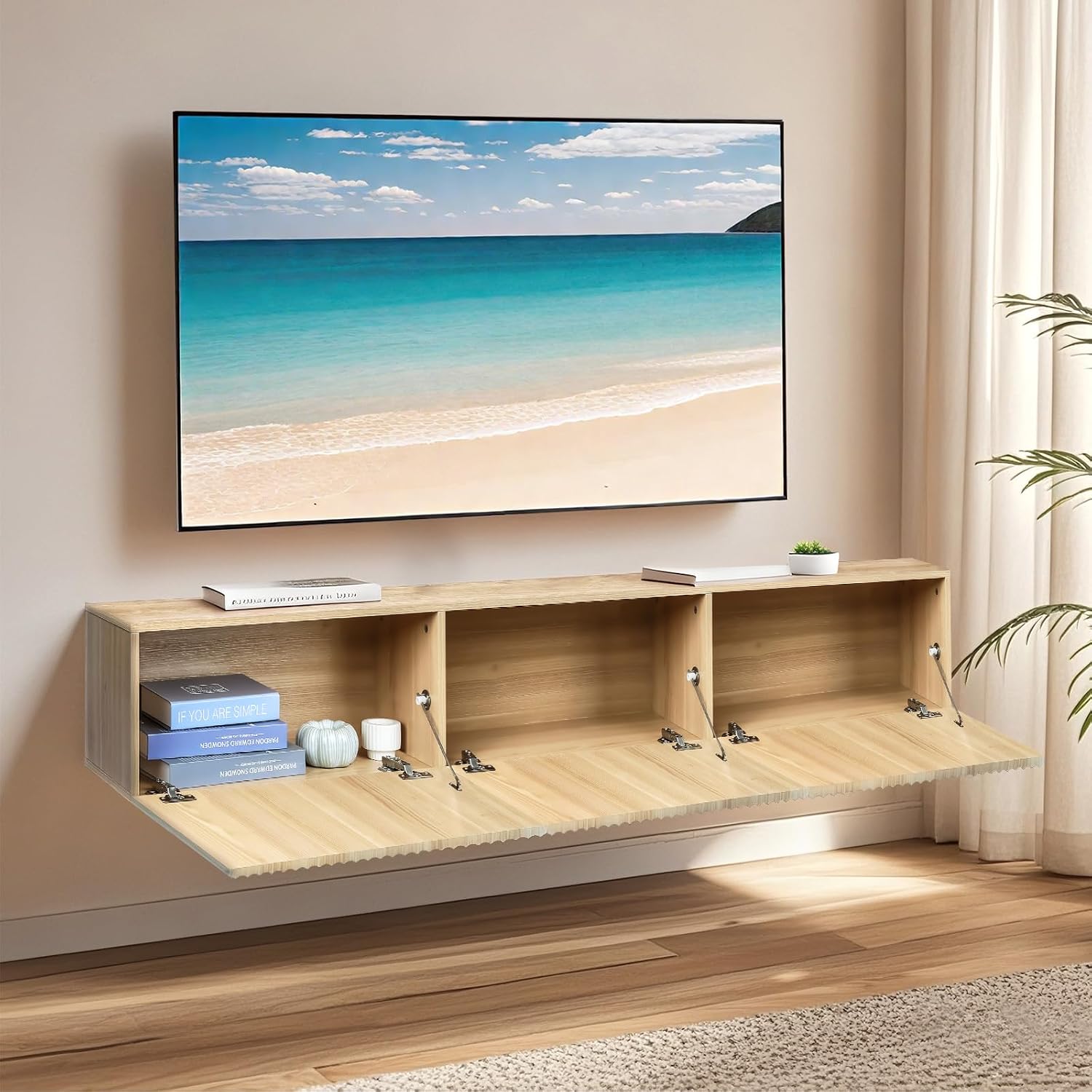 Oak Fluted Door Wall Mount Floating TV Stand