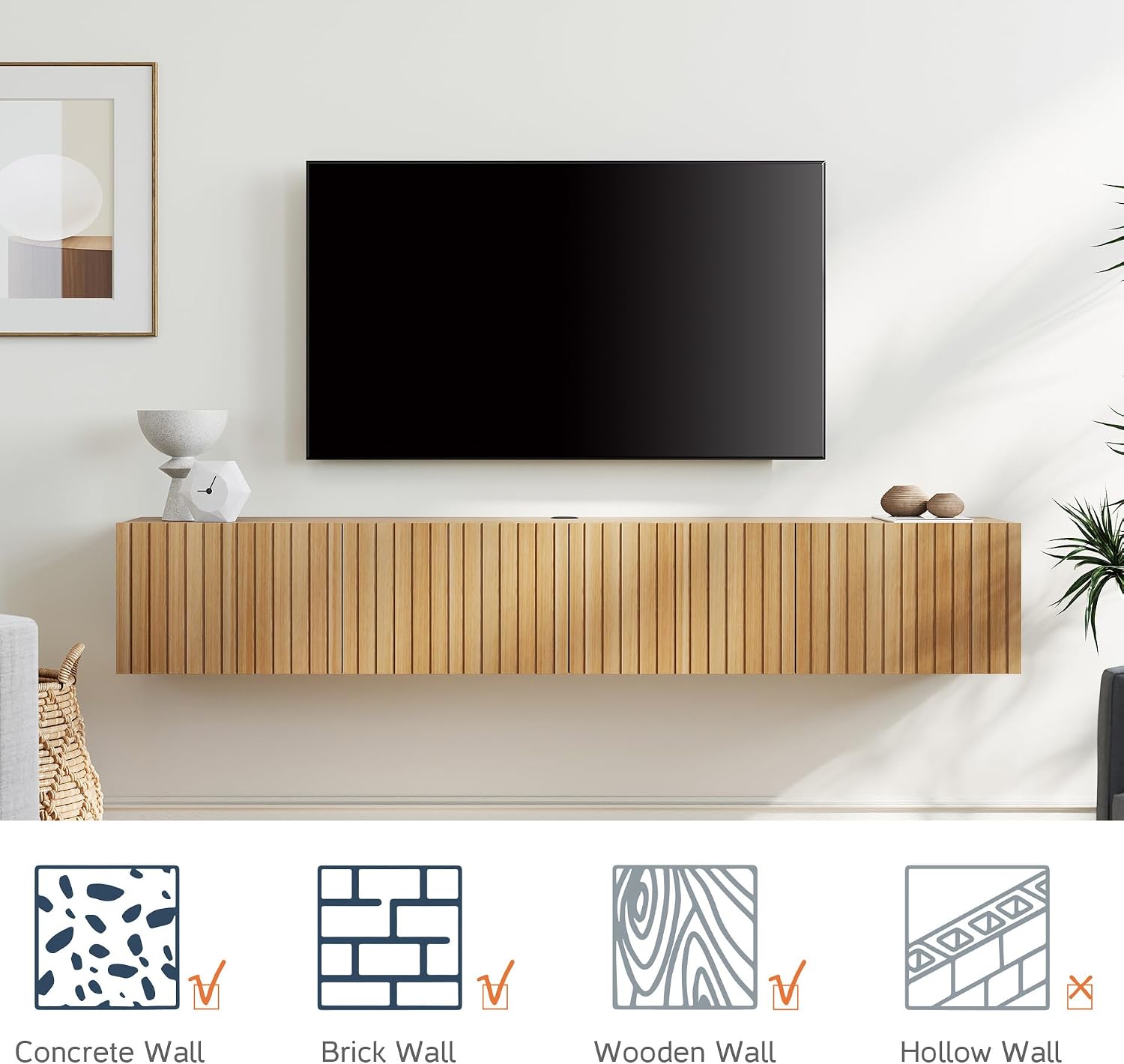 Oak Fluted Flip Door Wall Floating Storage TV Stand