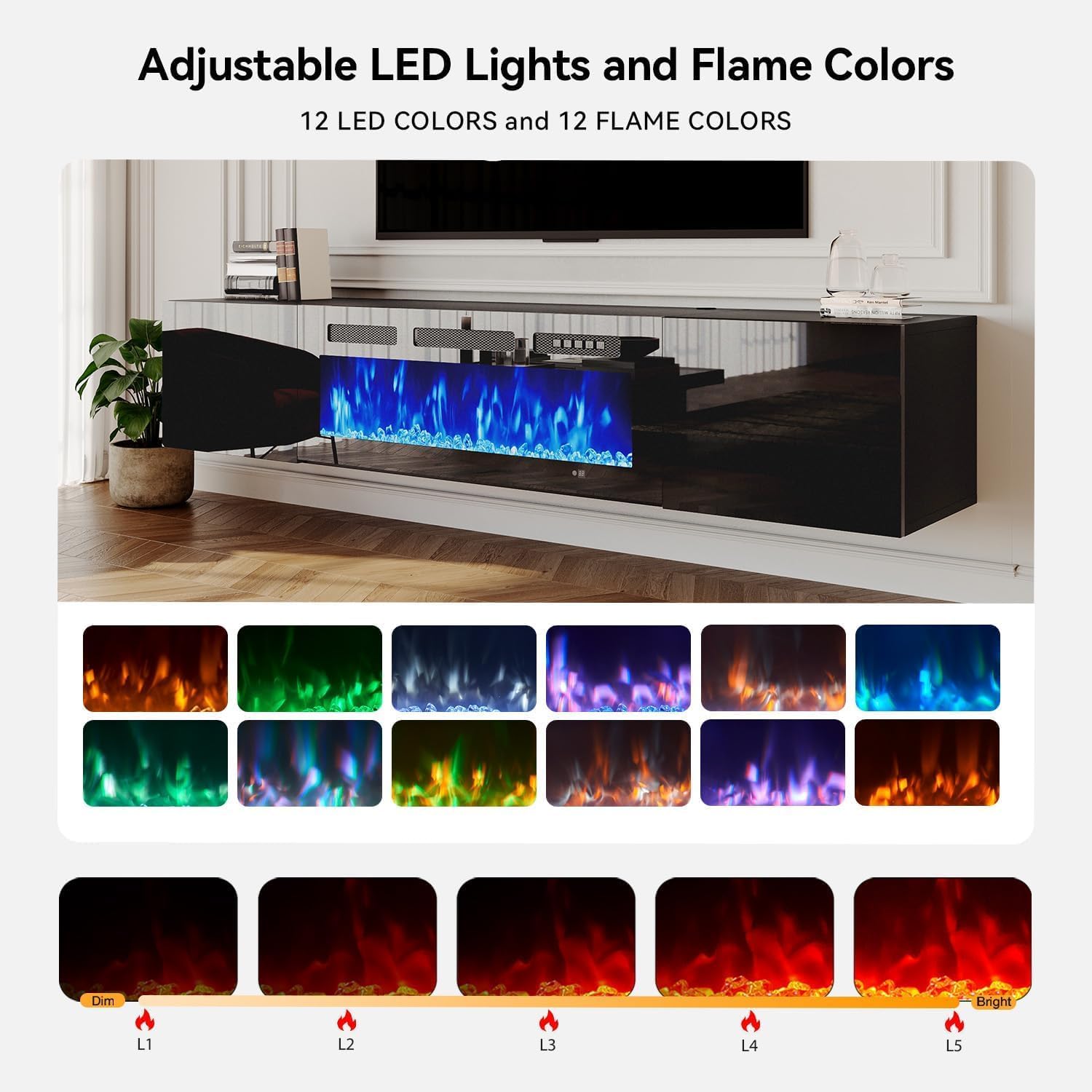 Black Electric Fireplace LED Wall Floating TV Stand