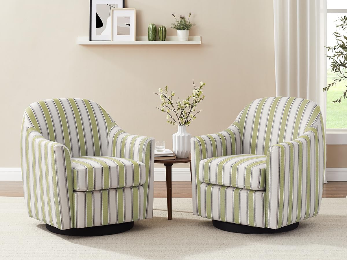 Green Striped Upholstered Swivel Barrel Chair