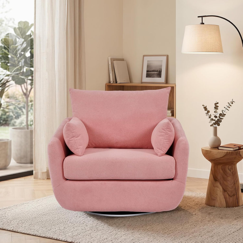 Blush Pink Sherpa Boucle LED Swivel Armchair Wood
