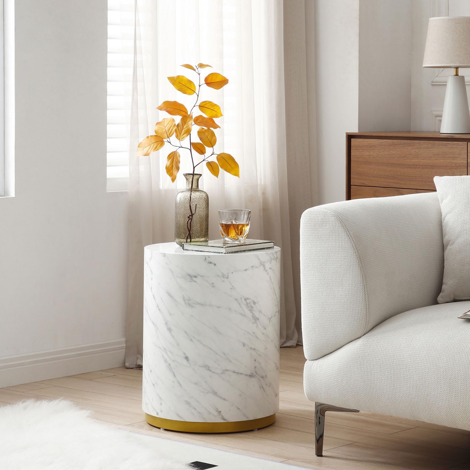 White Faux Marble Gold Rim Round Small Side Table