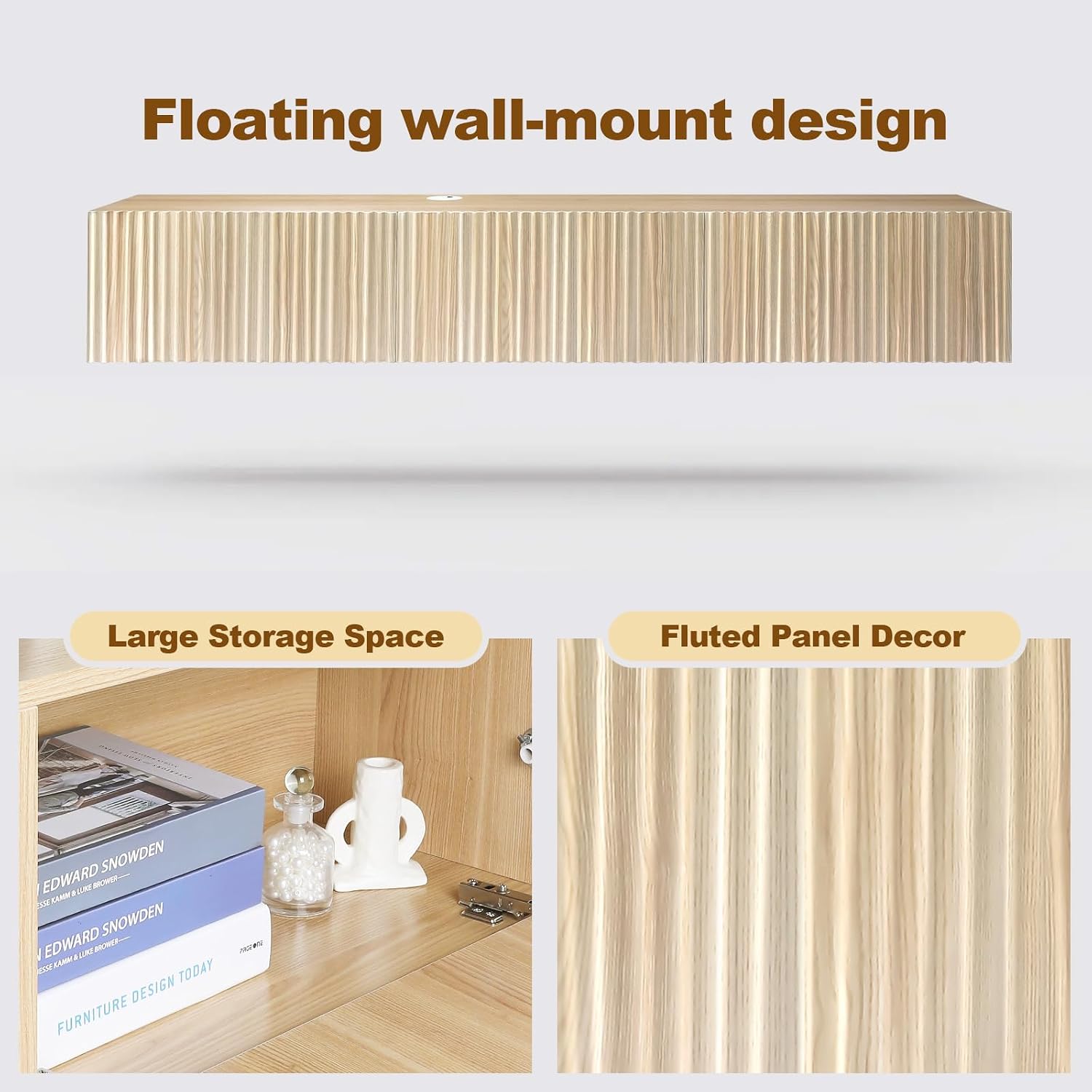 Oak Fluted Door Wall Mount Floating TV Stand