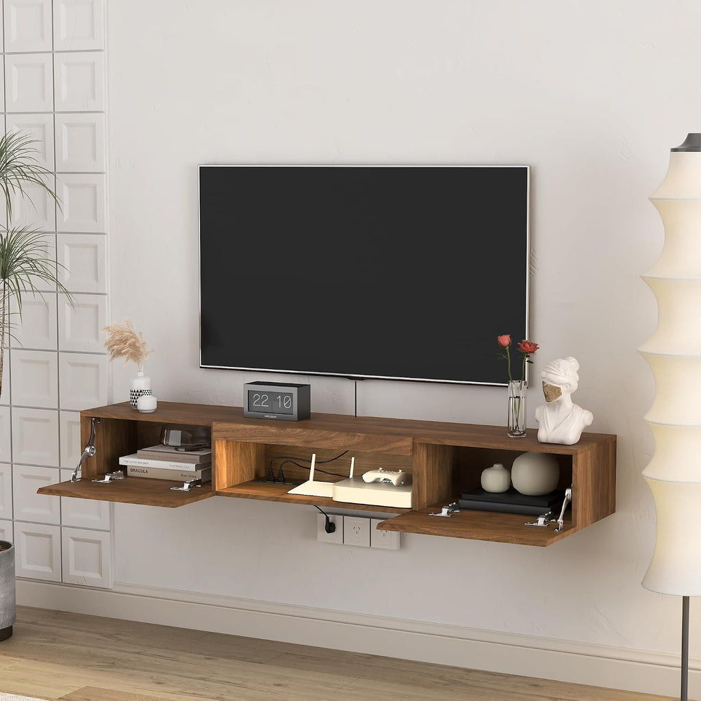 Walnut LED Power Outlet Floating Wall TV Stand