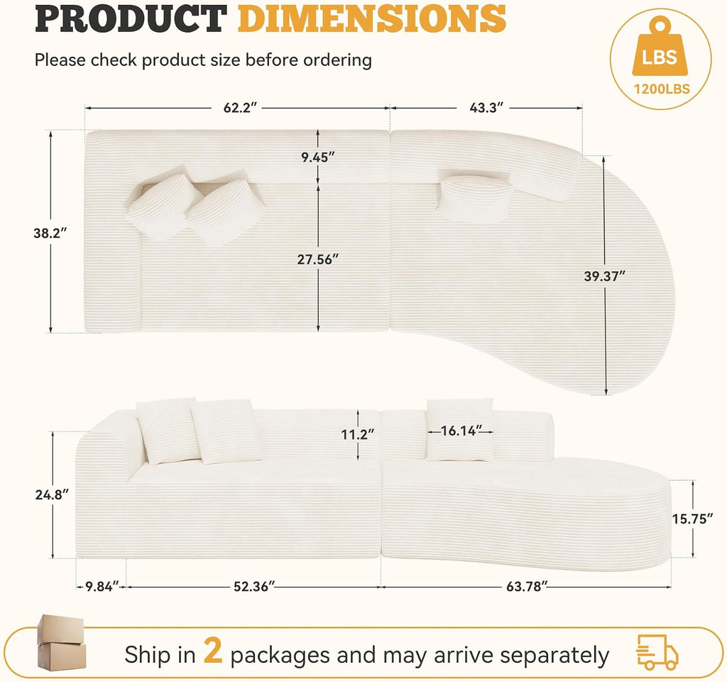 Beige Corduroy No-Assembly Curved Cloud Sectional Sofa