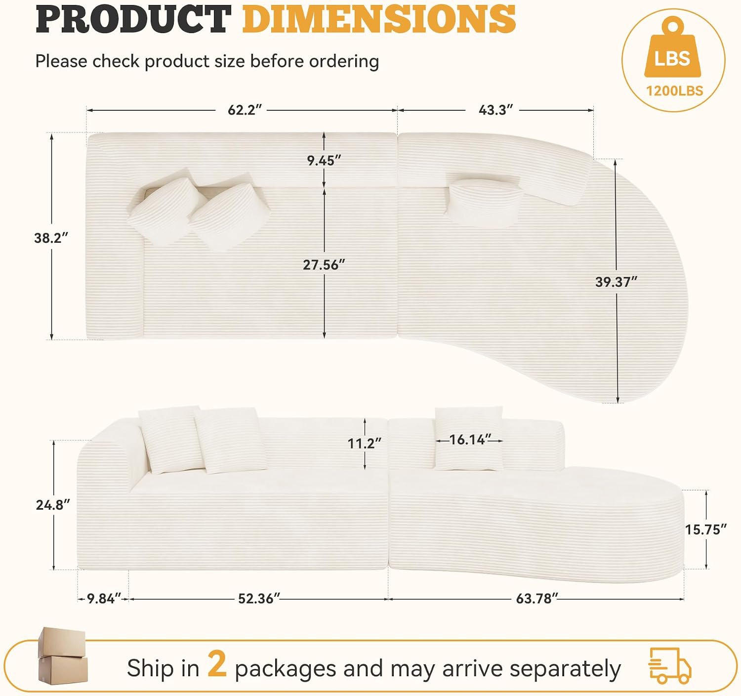 Beige Corduroy No-Assembly Curved Cloud Sectional Sofa