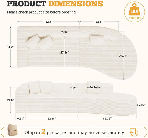 Beige Corduroy No-Assembly Curved Cloud Sectional Sofa