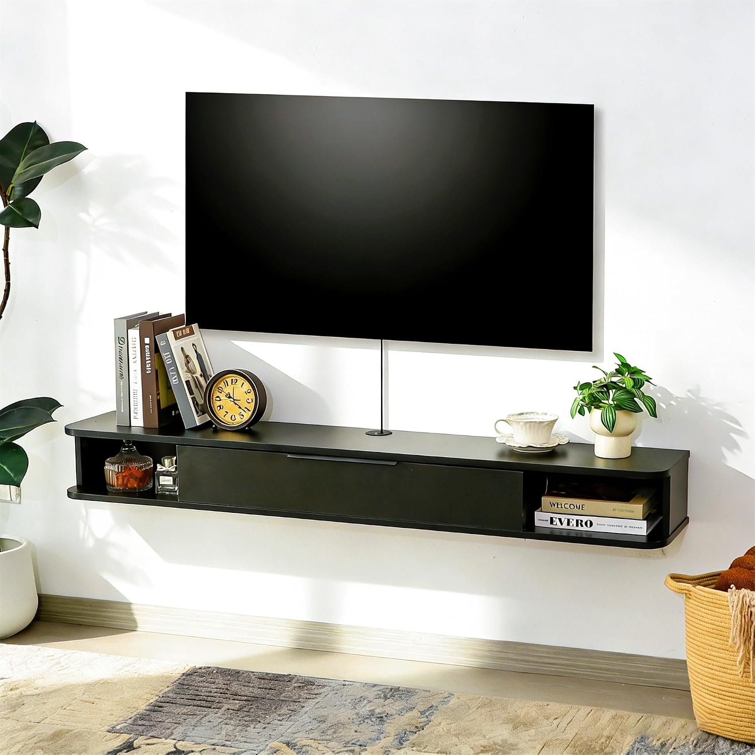Black Wall Mount Floating Storage Media TV Stand