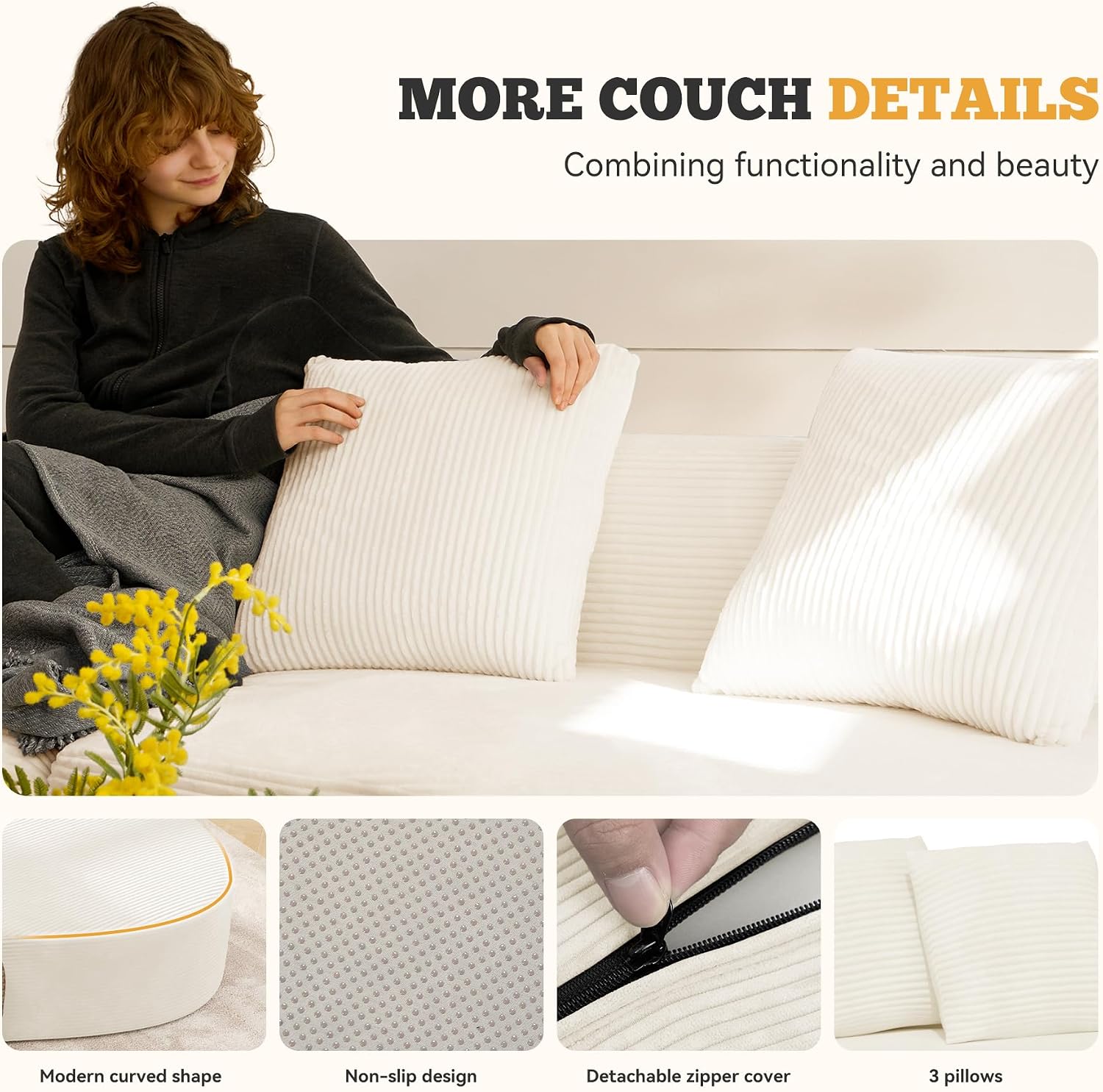 Beige Corduroy No-Assembly Curved Cloud Sectional Sofa