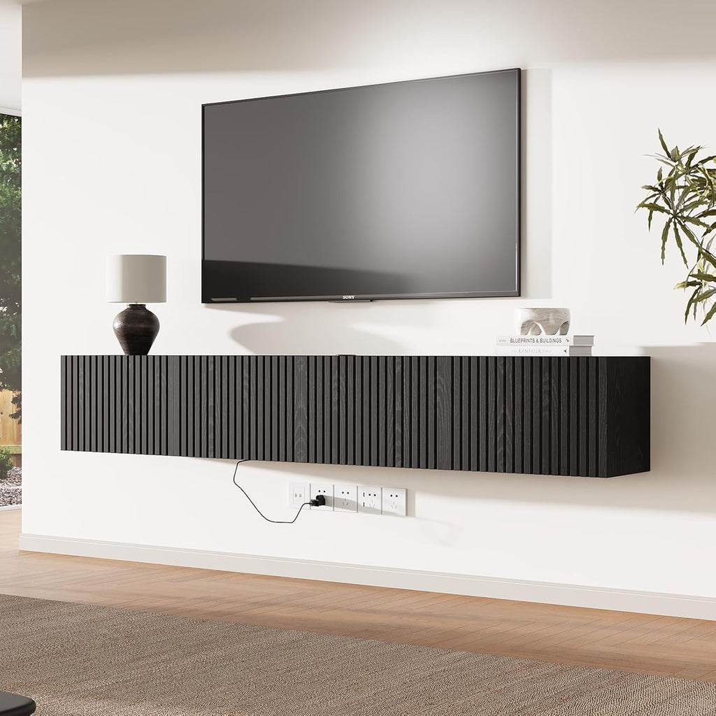 Black LED Power Fluted Wall Floating TV Stand