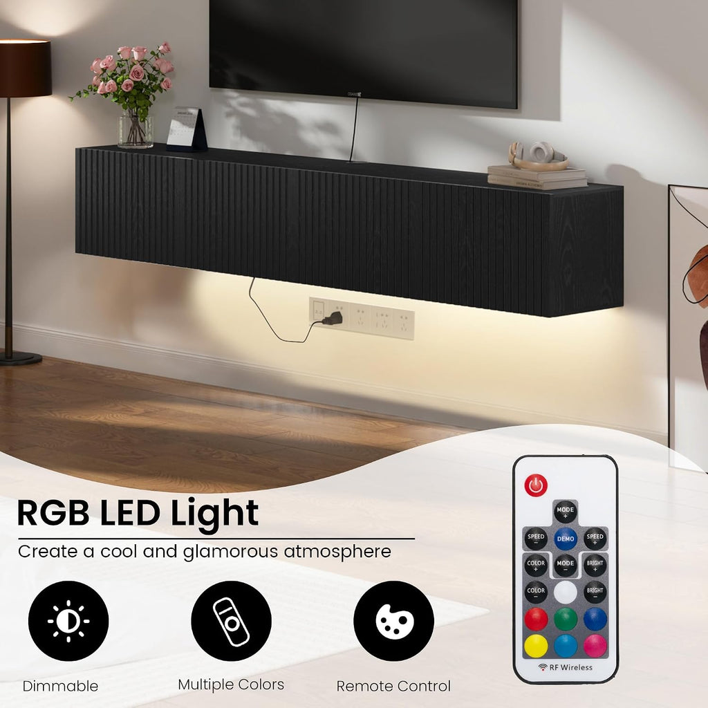 Black LED Power Fluted Wall Floating TV Stand