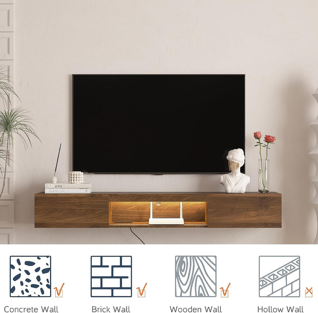 Walnut LED Power Outlet Floating Wall TV Stand