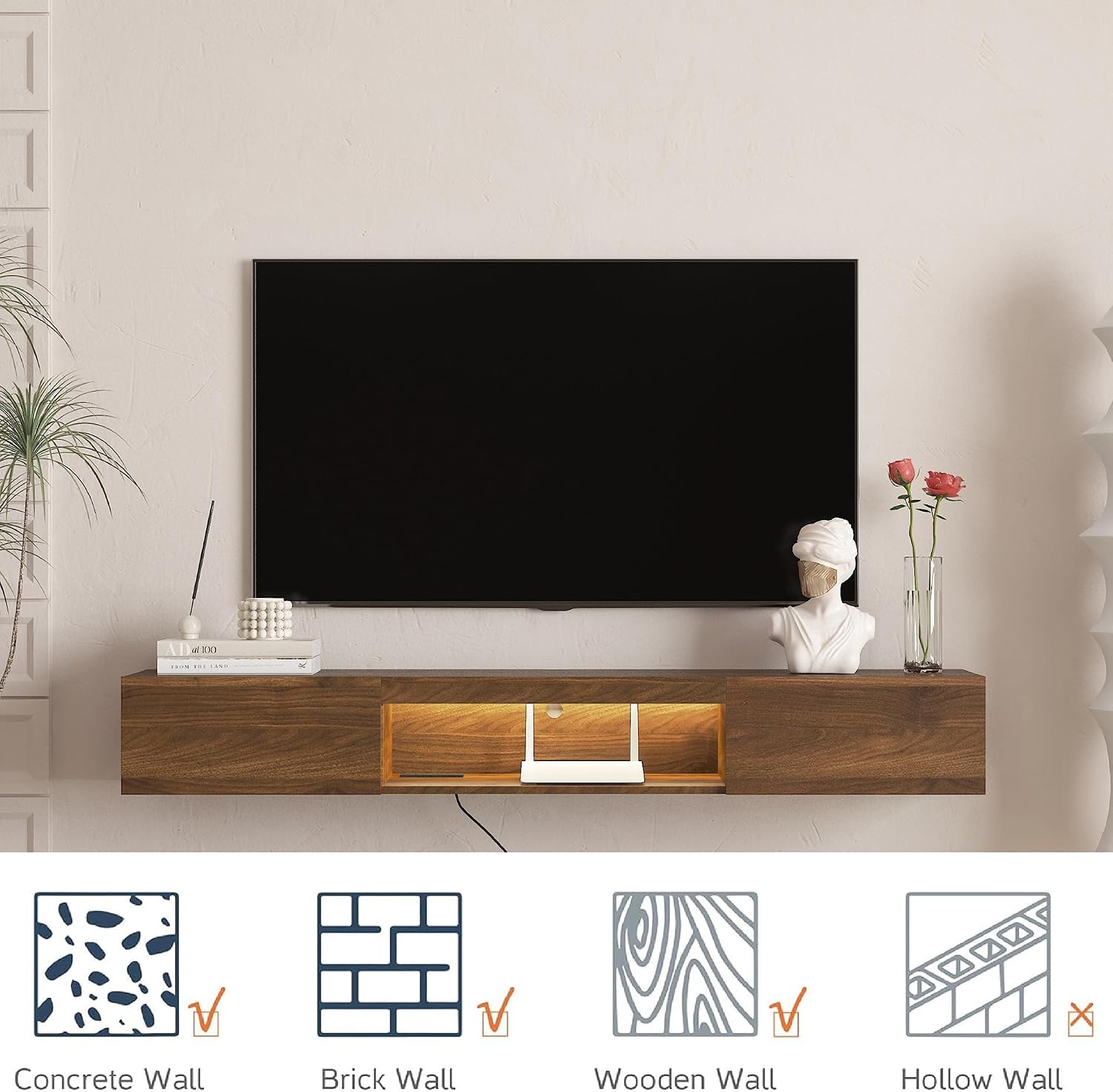 Walnut LED Power Outlet Floating Wall TV Stand