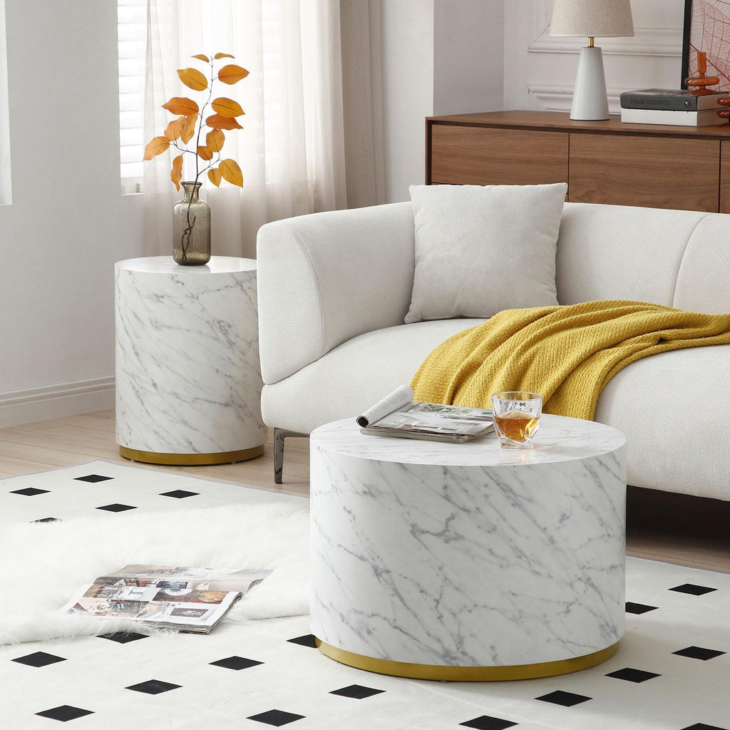 White Faux Marble Gold Rim Round Small Side Table