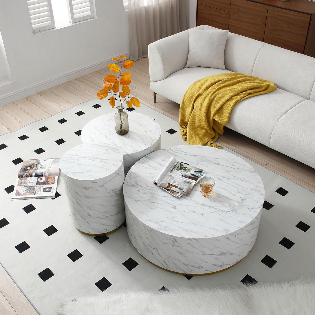 White Faux Marble Gold Rim Round Small Side Table