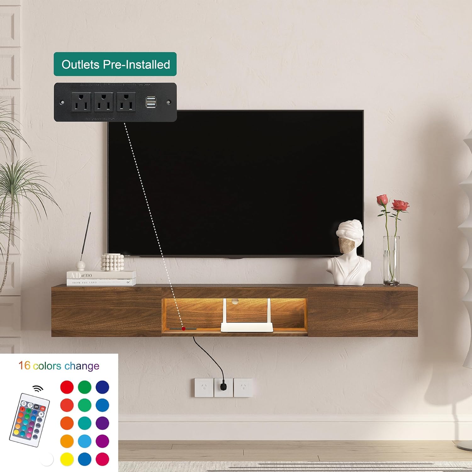 Walnut LED Power Outlet Floating Wall TV Stand
