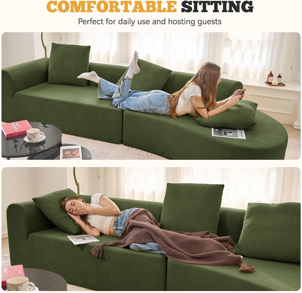 Green Chenille 126" Curved Modular Cloud Sofa