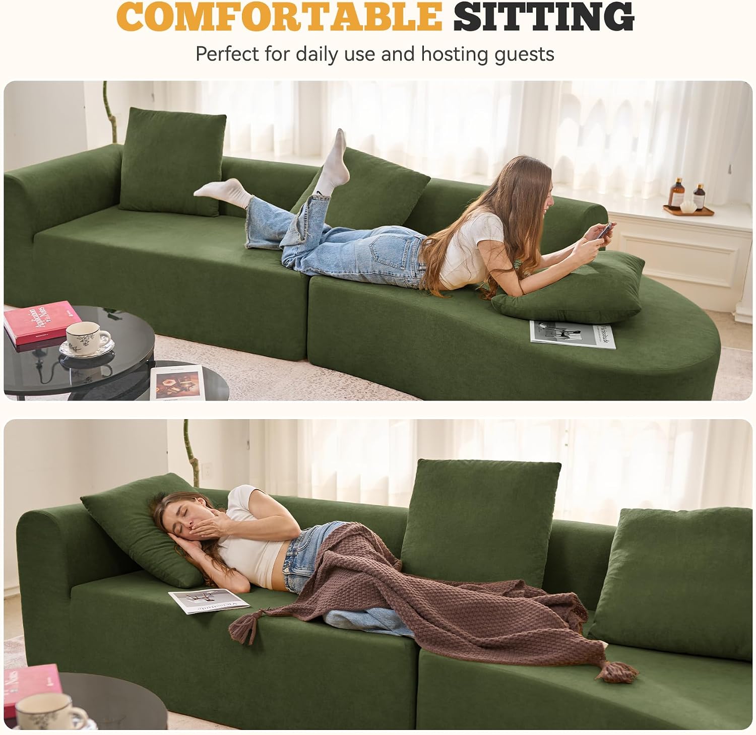 Green Chenille 126" Curved Modular Cloud Sofa
