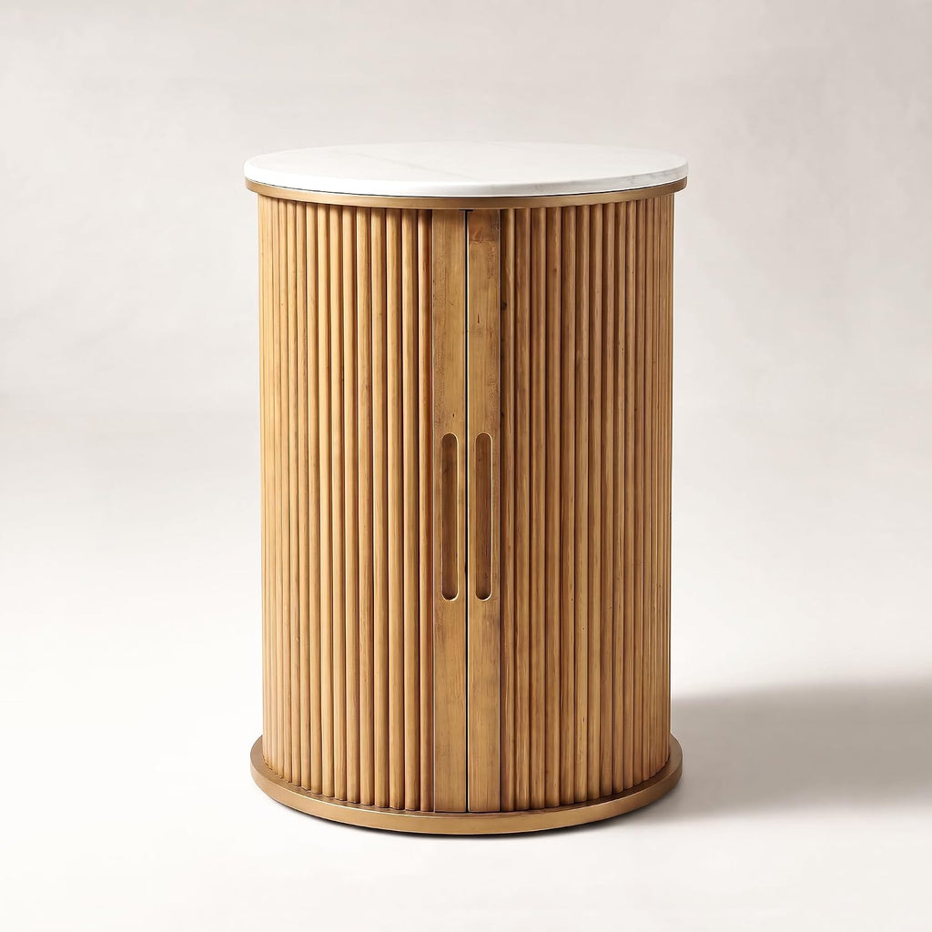 Natural Wood Fluted Storage Stone Top Round End Table