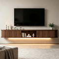 Walnut Fluted LED Sliding Door Floating TV Stand