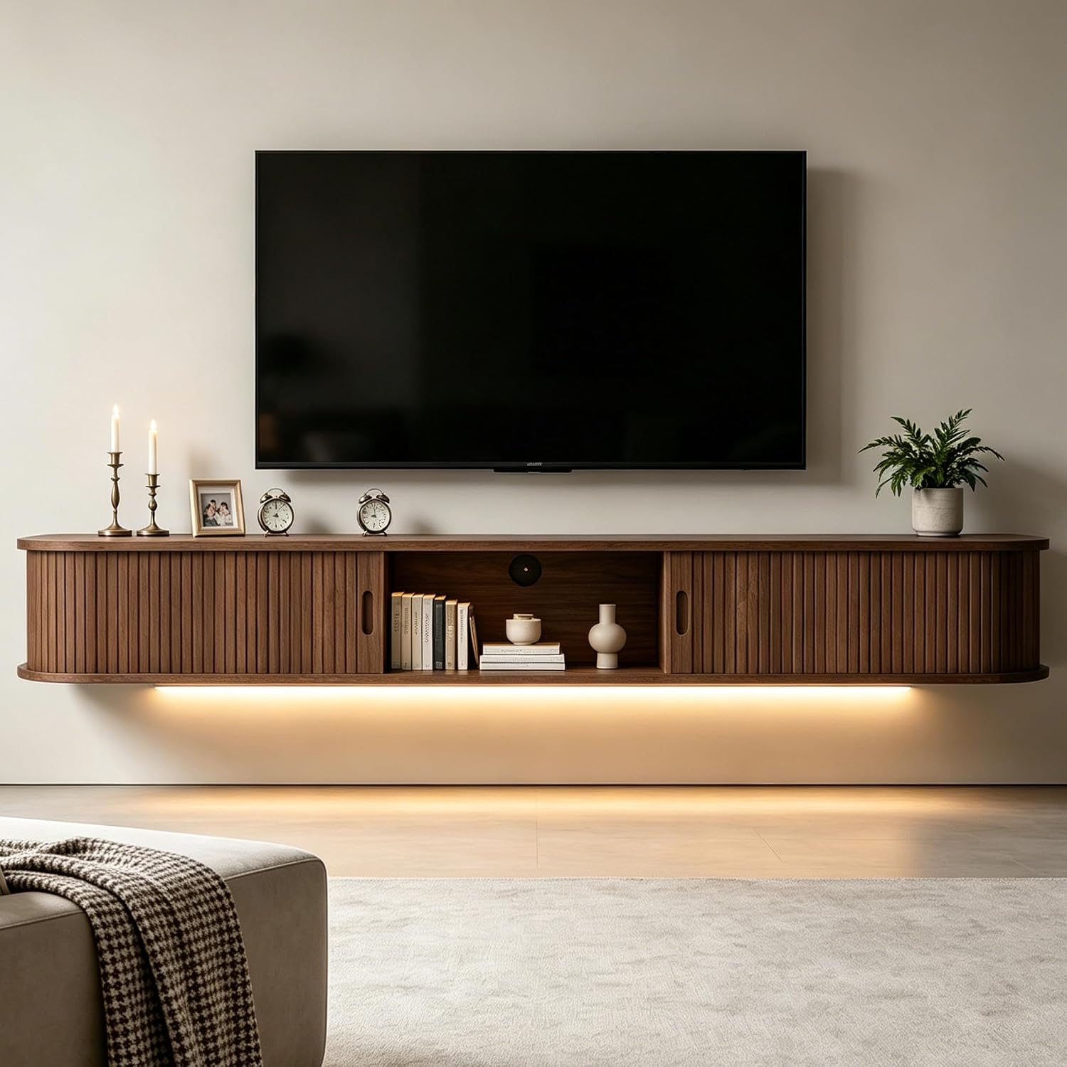 Walnut Fluted LED Sliding Door Floating TV Stand