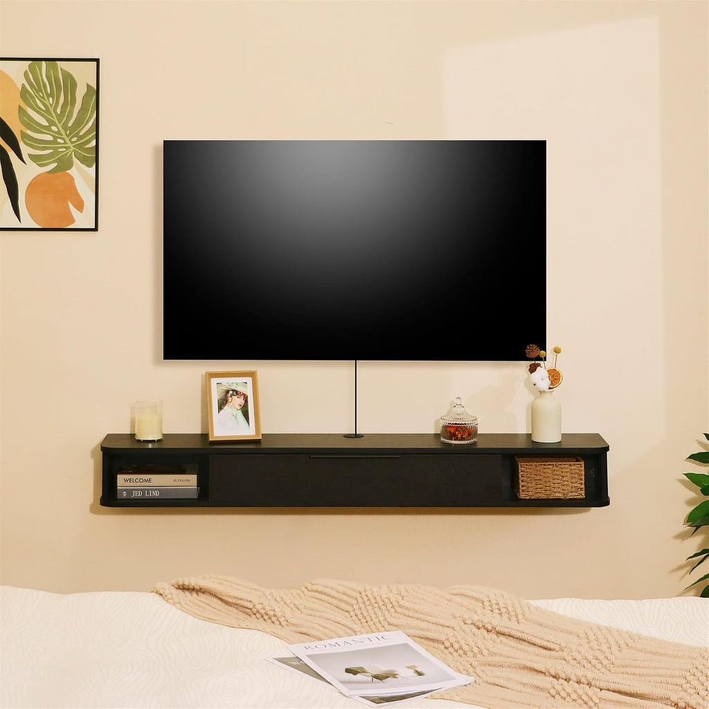 Black Wall Mount Floating Storage Media TV Stand