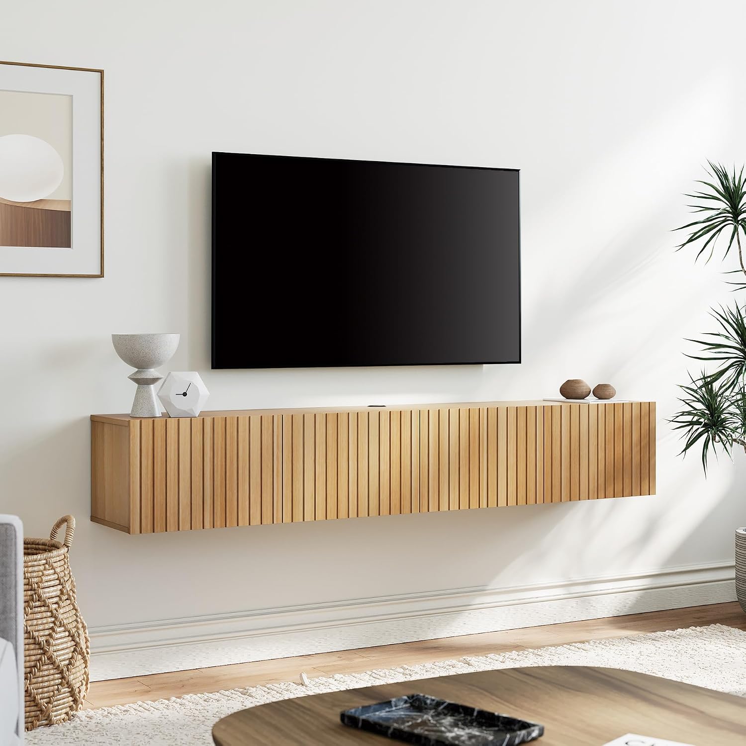 Oak Fluted Flip Door Wall Floating Storage TV Stand