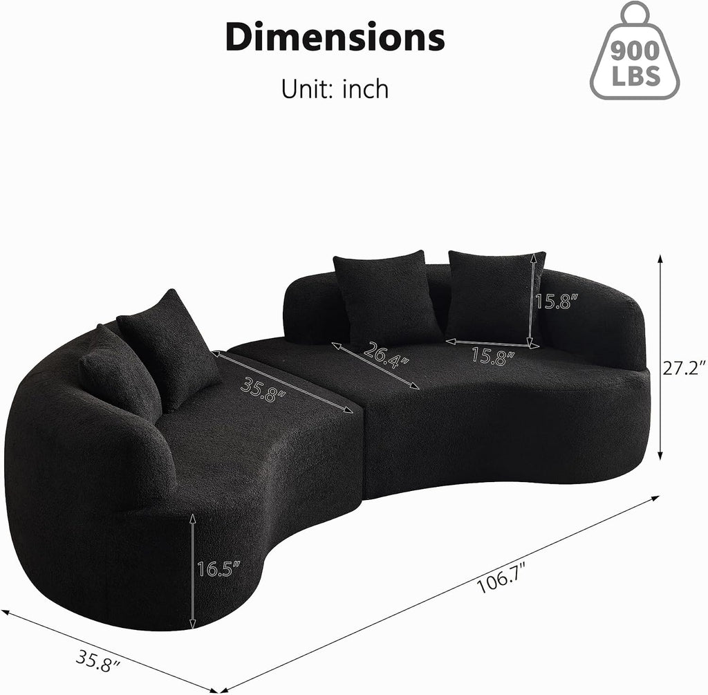 Black Teddy Fabric Deep Seat Curved 4-Seater Cloud Sofa