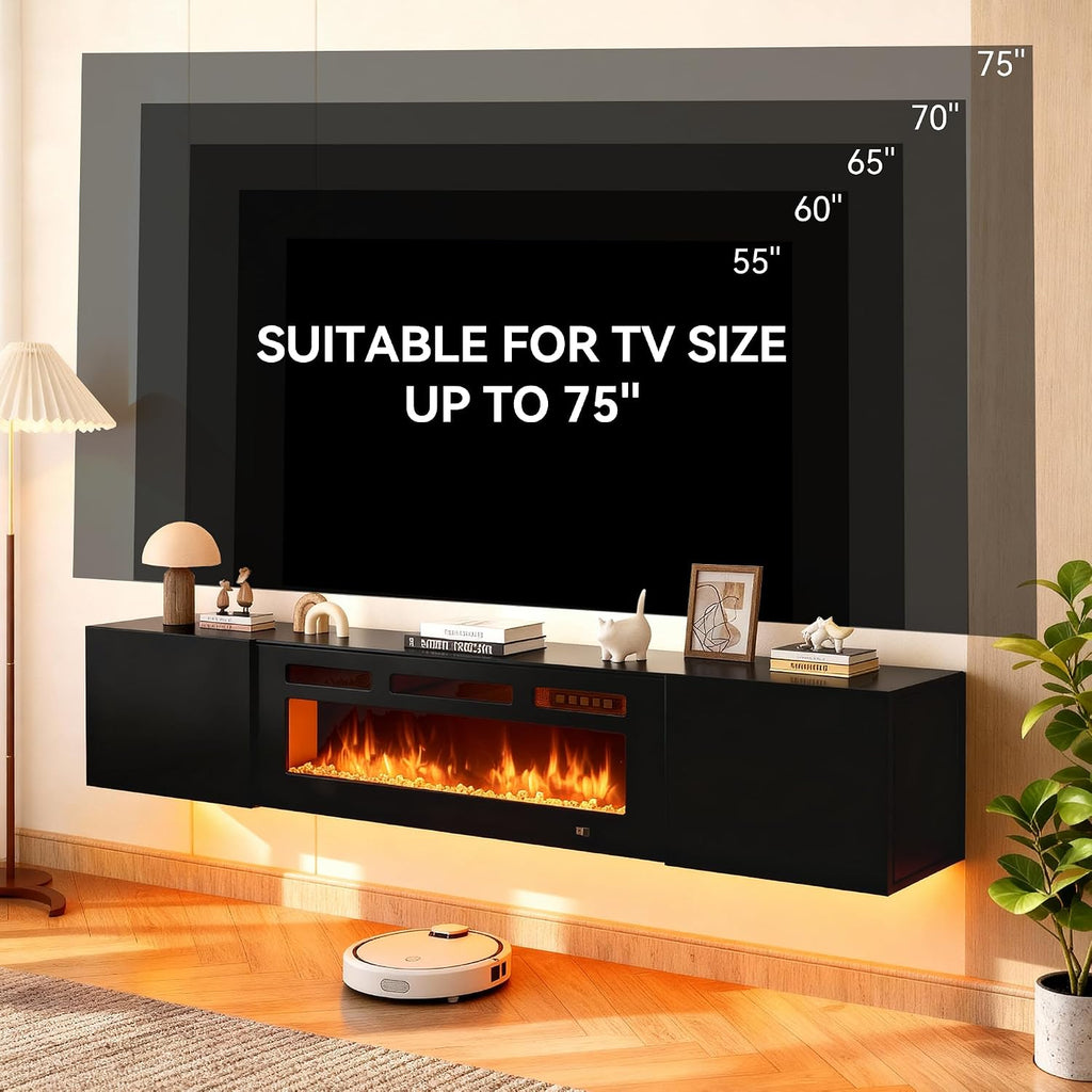 Black Electric Fireplace LED Wall Floating TV Stand