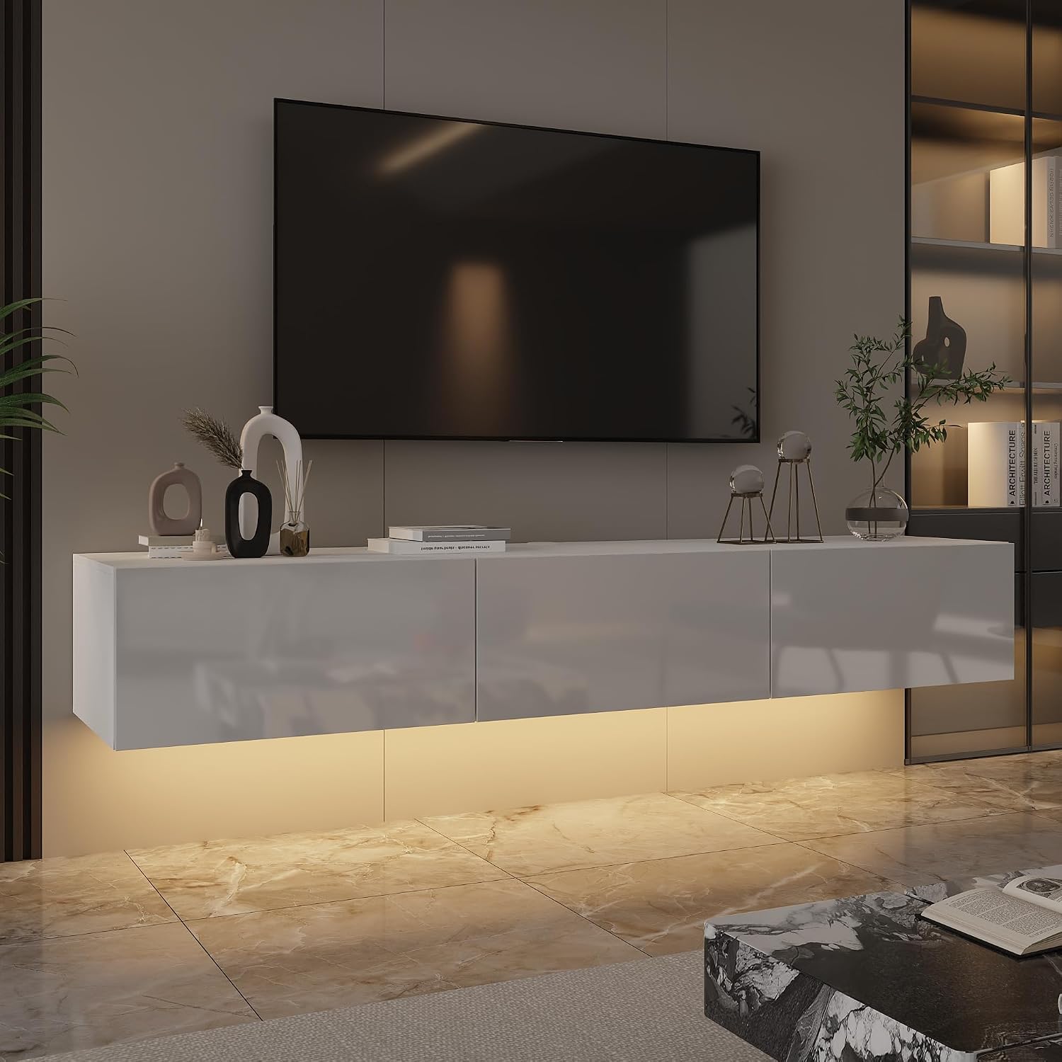 White LED Drawer Storage Wall Floating TV Stand