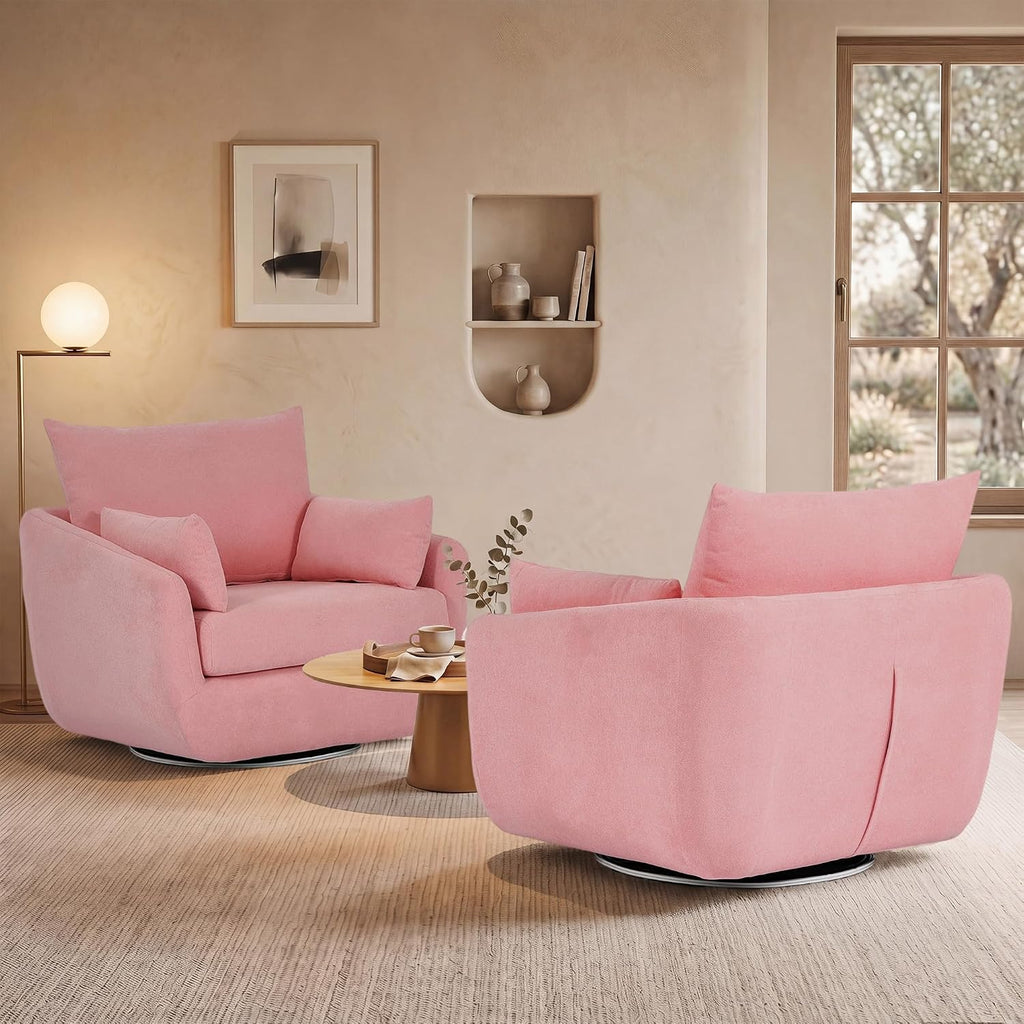Blush Pink Sherpa Boucle LED Swivel Armchair Wood