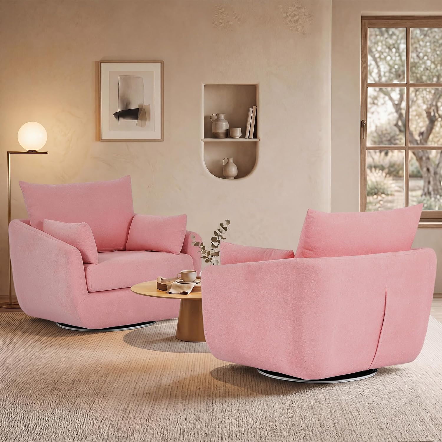 Blush Pink Sherpa Boucle LED Swivel Armchair Wood