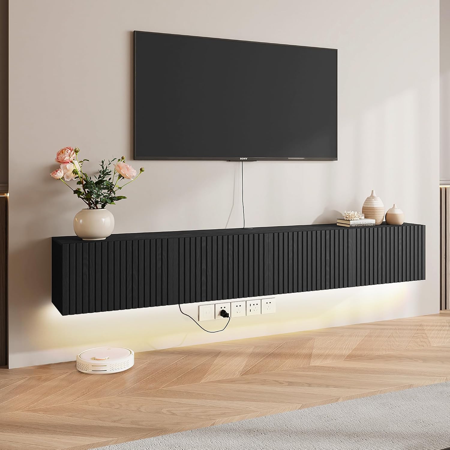 Black LED Power Fluted Wall Floating TV Stand