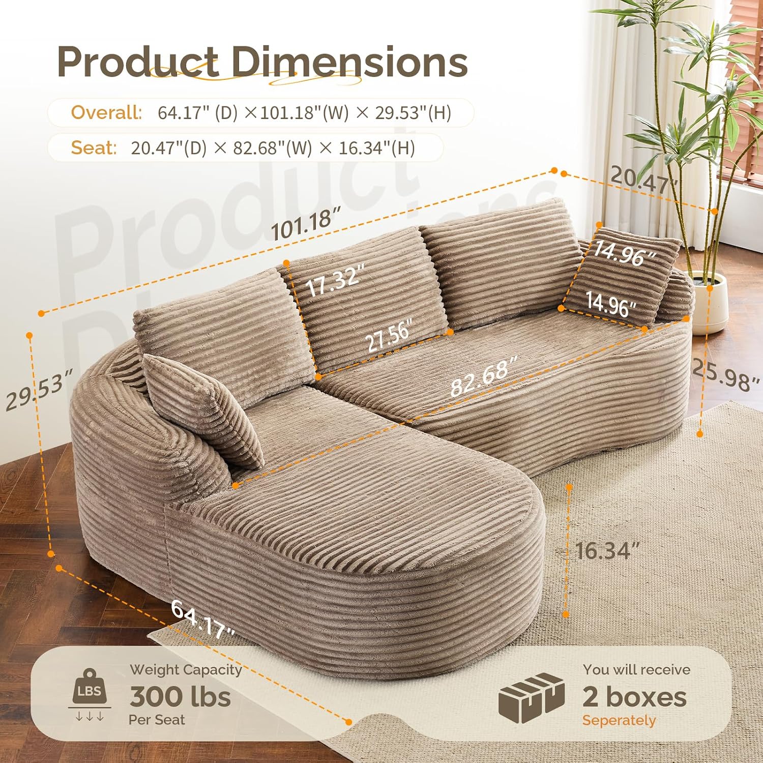 Khaki Corduroy Curved Convertible Chaise Cloud Sectional Sofa