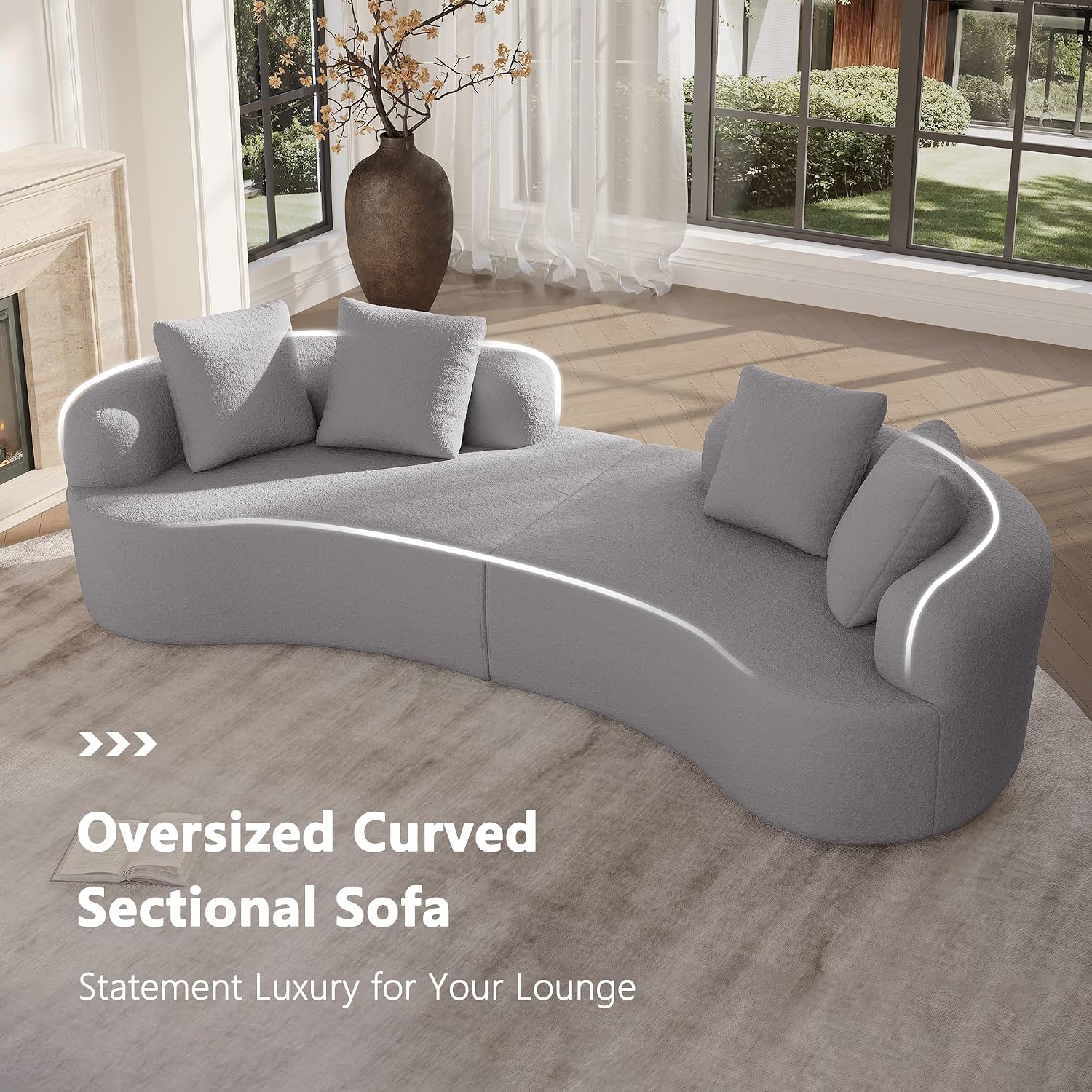 Pearl Grey Teddy Curved 4-Seater Cloud Sectional Sofa