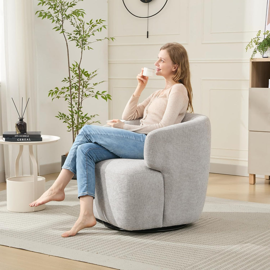 Light Grey Chenille Boucle Metal Base Swivel Armchair