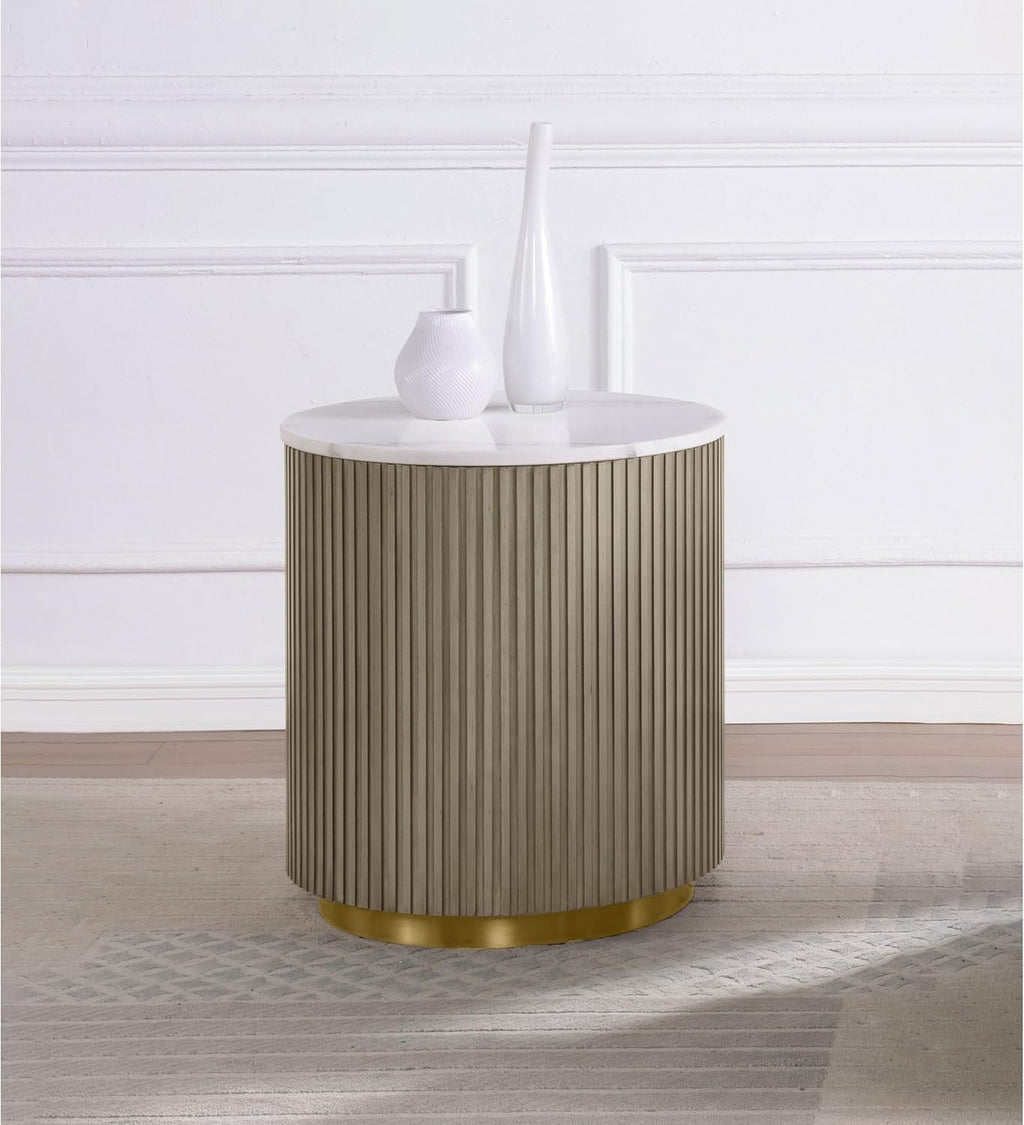 Greige Reeded Drum Marble Top Gold Round End Table
