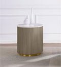 Greige Reeded Drum Marble Top Gold Round End Table